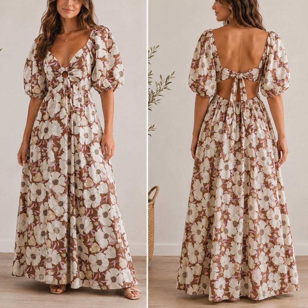 Abercrombie & Fitch O-Ring Midi‎ Dress Brown Floral Puff Sleeve Cutout M Boho